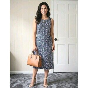 Boden Blue Green Paisley Floral Sleeveless Midi Dress Tie Waist US 20-22L